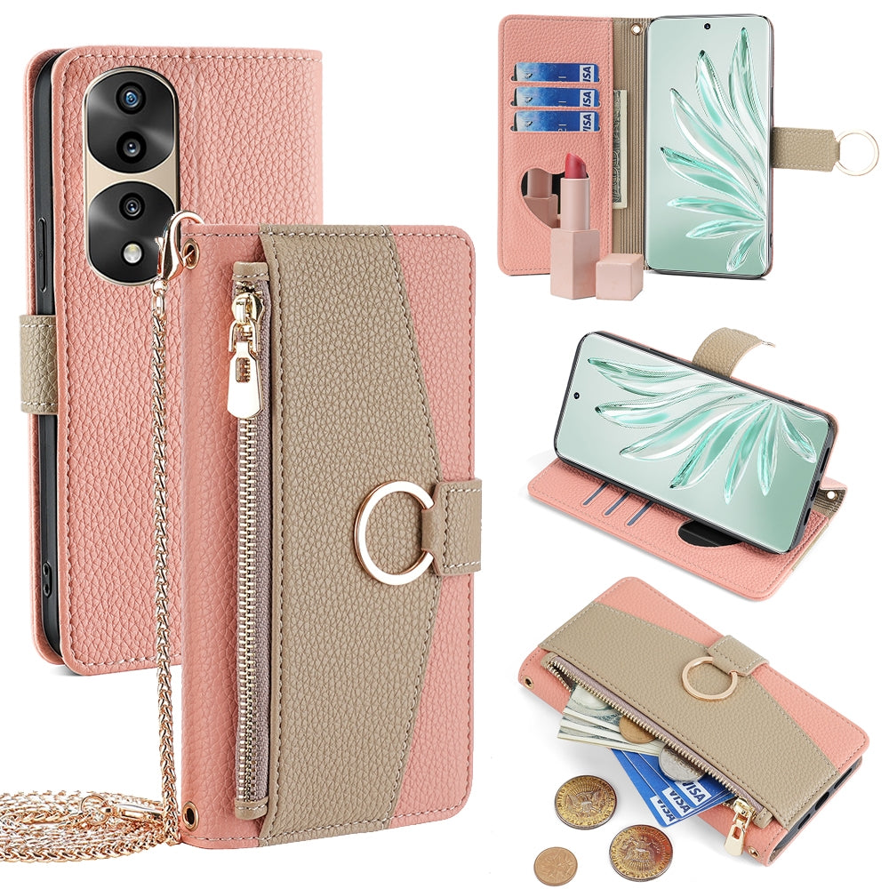 Honor 70 Pro/70 Pro+ Crossbody Phone Case with Litchi Texture Leather, Adjustable Kickstand, Card Slots, Zipper Purse, Makeup Mirror, and TPU Protection