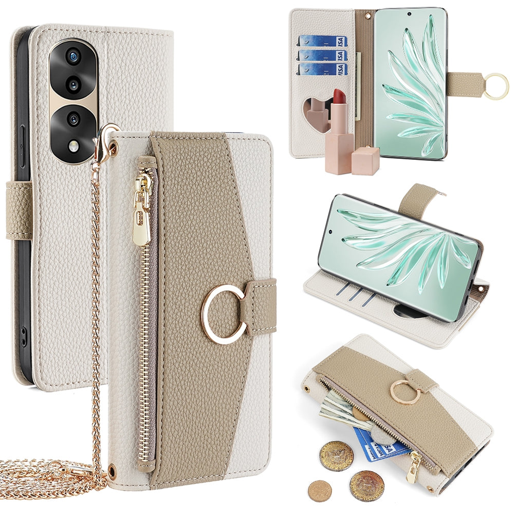 Honor 70 Pro/70 Pro+ Crossbody Phone Case with Litchi Texture Leather, Adjustable Kickstand, Card Slots, Zipper Purse, Makeup Mirror, and TPU Protection