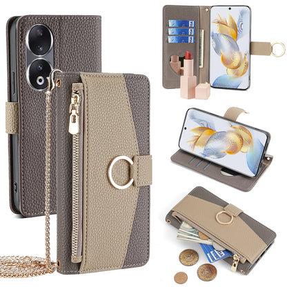 Honor 90 5G Crossbody Phone Case with Litchi Texture Leather, Adjustable Kickstand, Card Slots, Zipper Purse, Makeup Mirror, and TPU Protection