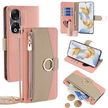 Honor 90 5G Crossbody Phone Case with Litchi Texture Leather, Adjustable Kickstand, Card Slots, Zipper Purse, Makeup Mirror, and TPU Protection