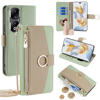 Honor 90 Pro 5G Crossbody Phone Case with Litchi Texture Leather, Adjustable Kickstand, Card Slots, Zipper Purse, Makeup Mirror, and TPU Protection