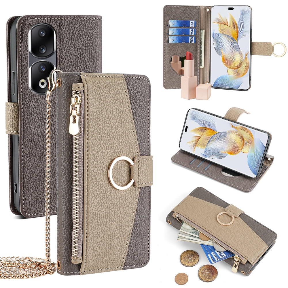 Honor 90 Pro 5G Crossbody Phone Case with Litchi Texture Leather, Adjustable Kickstand, Card Slots, Zipper Purse, Makeup Mirror, and TPU Protection