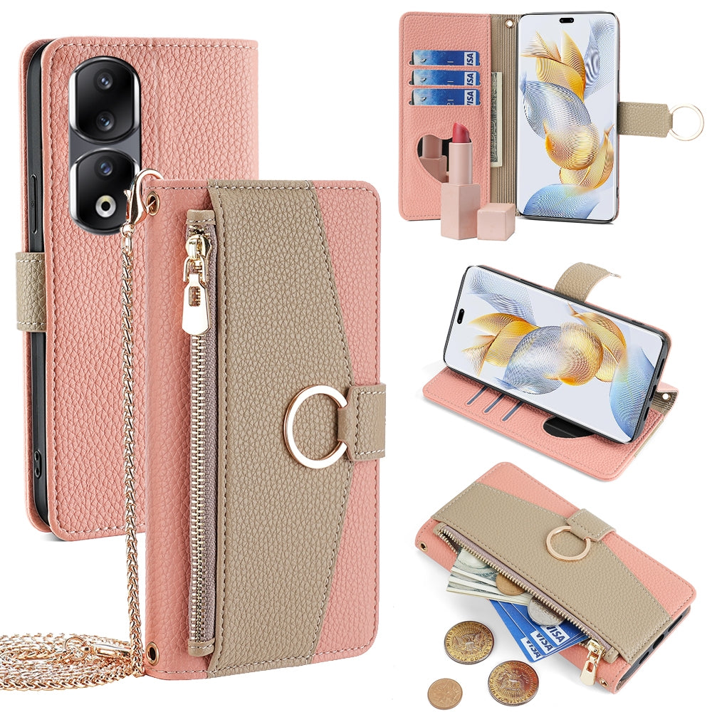 Honor 90 Pro 5G Crossbody Phone Case with Litchi Texture Leather, Adjustable Kickstand, Card Slots, Zipper Purse, Makeup Mirror, and TPU Protection