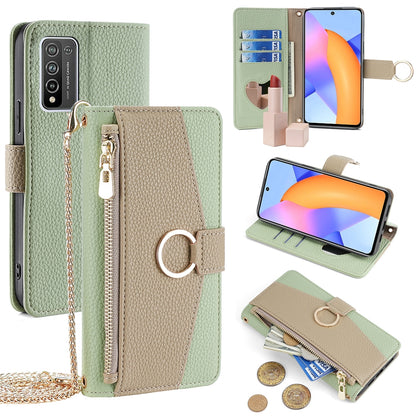 Honor 10X Lite Crossbody Phone Case with Litchi Texture Leather, Adjustable Kickstand, Card Slots, Zipper Purse, Makeup Mirror, and TPU Protection