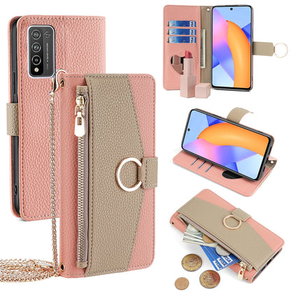 Honor 10X Lite Crossbody Phone Case with Litchi Texture Leather, Adjustable Kickstand, Card Slots, Zipper Purse, Makeup Mirror, and TPU Protection