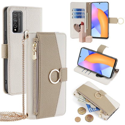 Honor 10X Lite Crossbody Phone Case with Litchi Texture Leather, Adjustable Kickstand, Card Slots, Zipper Purse, Makeup Mirror, and TPU Protection