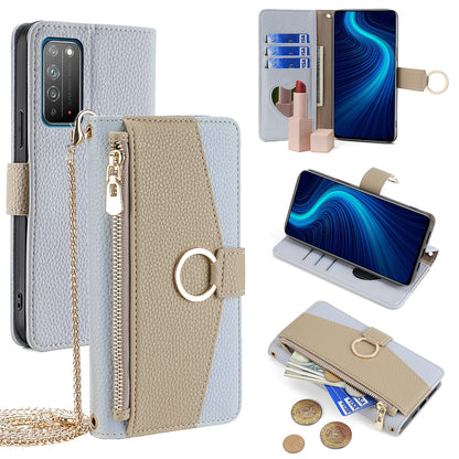 Honor X10 5G Crossbody Phone Case with Litchi Texture Leather, Adjustable Kickstand, Card Slots, Zipper Purse, Makeup Mirror, and TPU Protection