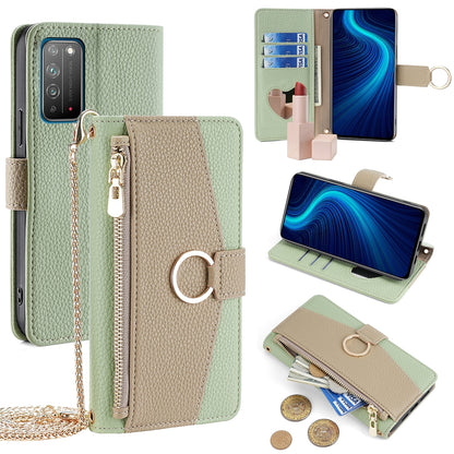 Honor X10 5G Crossbody Phone Case with Litchi Texture Leather, Adjustable Kickstand, Card Slots, Zipper Purse, Makeup Mirror, and TPU Protection