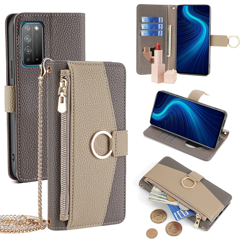 Honor X10 5G Crossbody Phone Case with Litchi Texture Leather, Adjustable Kickstand, Card Slots, Zipper Purse, Makeup Mirror, and TPU Protection