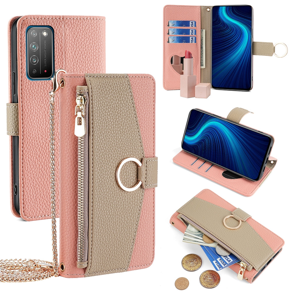 Honor X10 5G Crossbody Phone Case with Litchi Texture Leather, Adjustable Kickstand, Card Slots, Zipper Purse, Makeup Mirror, and TPU Protection