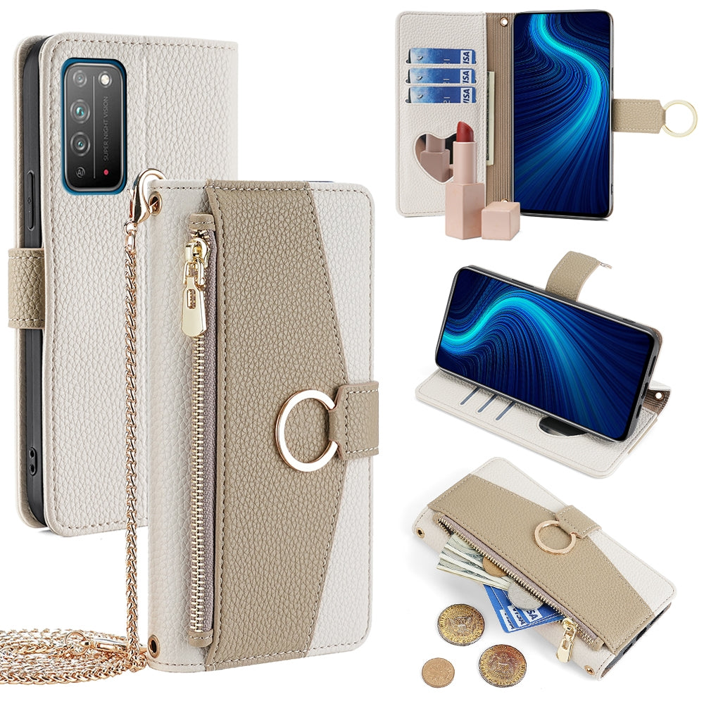 Honor X10 5G Crossbody Phone Case with Litchi Texture Leather, Adjustable Kickstand, Card Slots, Zipper Purse, Makeup Mirror, and TPU Protection