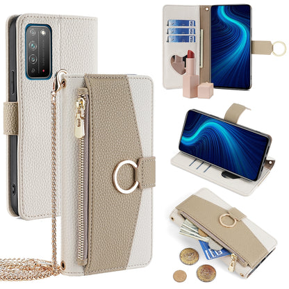 Honor X10 5G Crossbody Phone Case with Litchi Texture Leather, Adjustable Kickstand, Card Slots, Zipper Purse, Makeup Mirror, and TPU Protection