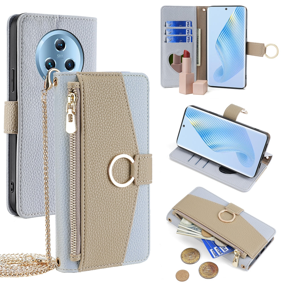 Honor Magic5 Crossbody Phone Case with Litchi Texture Leather, Adjustable Kickstand, Card Slots, Zipper Purse, Makeup Mirror, and TPU Protection
