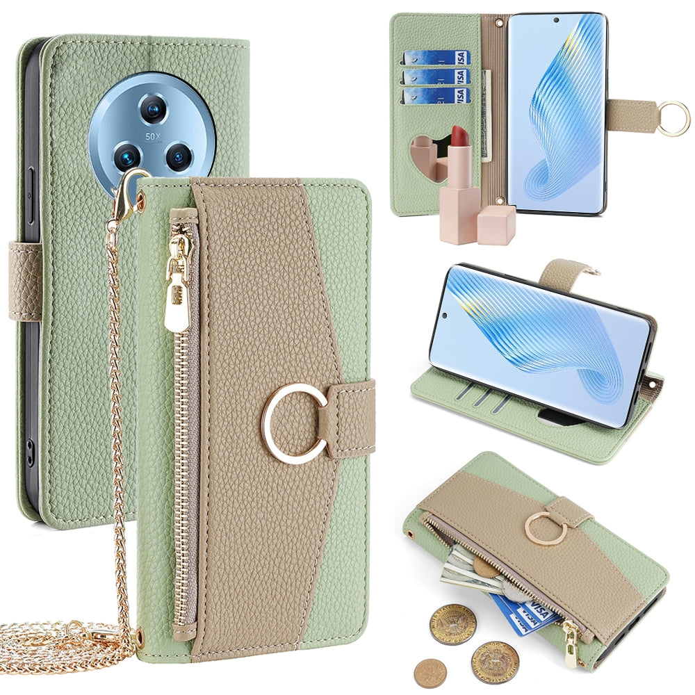 Honor Magic5 Crossbody Phone Case with Litchi Texture Leather, Adjustable Kickstand, Card Slots, Zipper Purse, Makeup Mirror, and TPU Protection