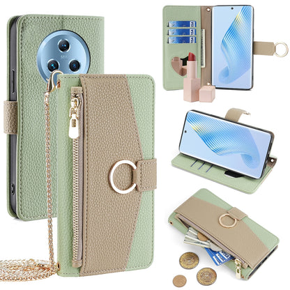 Honor Magic5 Crossbody Phone Case with Litchi Texture Leather, Adjustable Kickstand, Card Slots, Zipper Purse, Makeup Mirror, and TPU Protection
