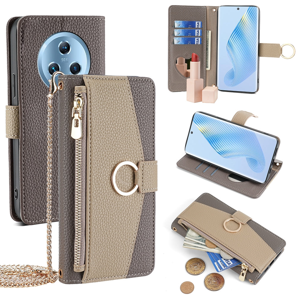 Honor Magic5 Crossbody Phone Case with Litchi Texture Leather, Adjustable Kickstand, Card Slots, Zipper Purse, Makeup Mirror, and TPU Protection