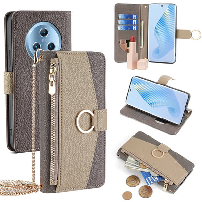 Honor Magic5 Crossbody Phone Case with Litchi Texture Leather, Adjustable Kickstand, Card Slots, Zipper Purse, Makeup Mirror, and TPU Protection