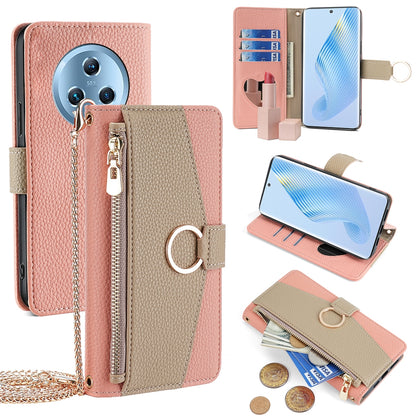 Honor Magic5 Crossbody Phone Case with Litchi Texture Leather, Adjustable Kickstand, Card Slots, Zipper Purse, Makeup Mirror, and TPU Protection