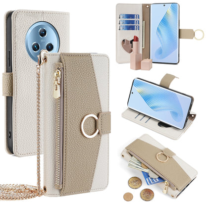 Honor Magic5 Crossbody Phone Case with Litchi Texture Leather, Adjustable Kickstand, Card Slots, Zipper Purse, Makeup Mirror, and TPU Protection