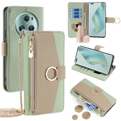 Honor Magic5 Pro Crossbody Phone Case with Litchi Texture Leather, Adjustable Kickstand, Card Slots, Zipper Purse, Makeup Mirror, and TPU Protection