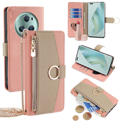 Honor Magic5 Pro Crossbody Phone Case with Litchi Texture Leather, Adjustable Kickstand, Card Slots, Zipper Purse, Makeup Mirror, and TPU Protection