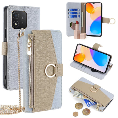 Honor X5 4G Crossbody Phone Case with Litchi Texture Leather, Adjustable Kickstand, Card Slots, Zipper Purse, Makeup Mirror, and TPU Protection