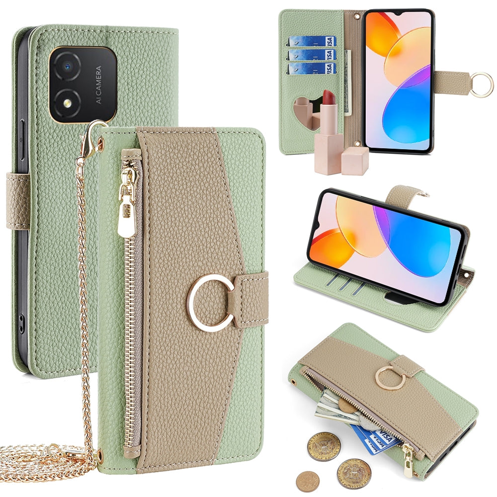 Honor X5 4G Crossbody Phone Case with Litchi Texture Leather, Adjustable Kickstand, Card Slots, Zipper Purse, Makeup Mirror, and TPU Protection