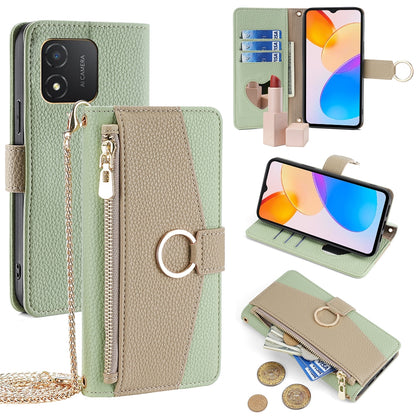 Honor X5 4G Crossbody Phone Case with Litchi Texture Leather, Adjustable Kickstand, Card Slots, Zipper Purse, Makeup Mirror, and TPU Protection