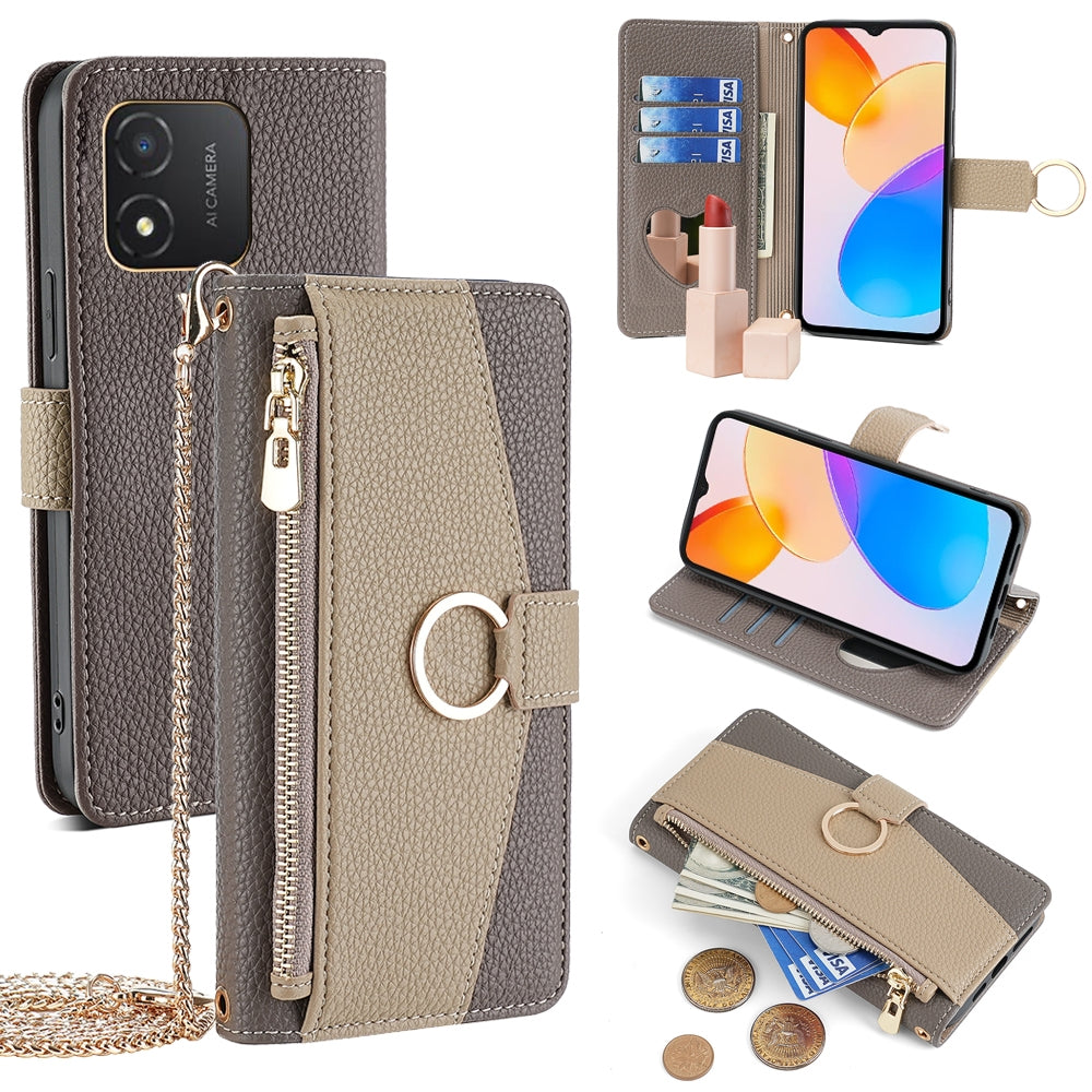 Honor X5 4G Crossbody Phone Case with Litchi Texture Leather, Adjustable Kickstand, Card Slots, Zipper Purse, Makeup Mirror, and TPU Protection