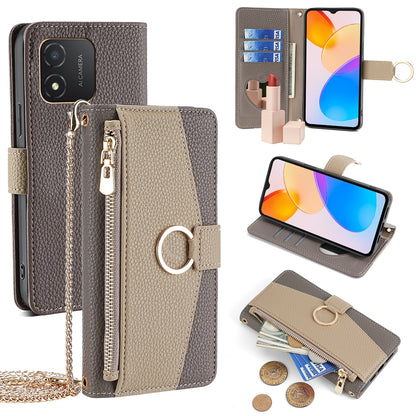 Honor X5 4G Crossbody Phone Case with Litchi Texture Leather, Adjustable Kickstand, Card Slots, Zipper Purse, Makeup Mirror, and TPU Protection