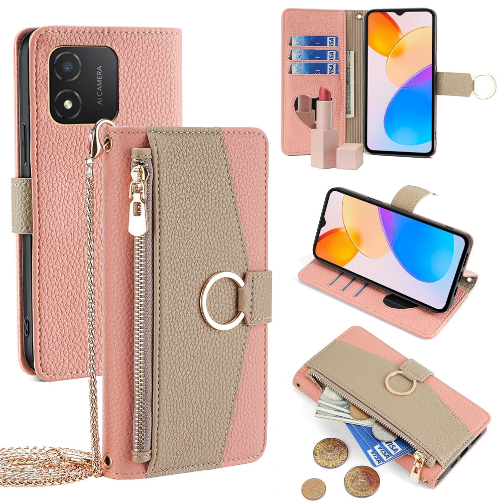 Honor X5 4G Crossbody Phone Case with Litchi Texture Leather, Adjustable Kickstand, Card Slots, Zipper Purse, Makeup Mirror, and TPU Protection