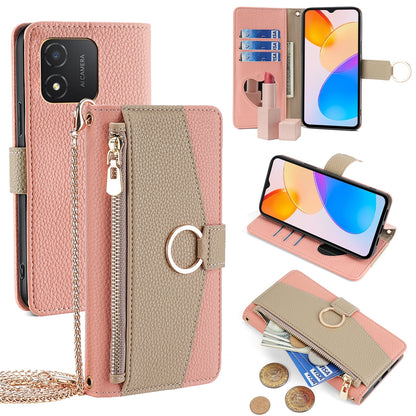 Honor X5 4G Crossbody Phone Case with Litchi Texture Leather, Adjustable Kickstand, Card Slots, Zipper Purse, Makeup Mirror, and TPU Protection