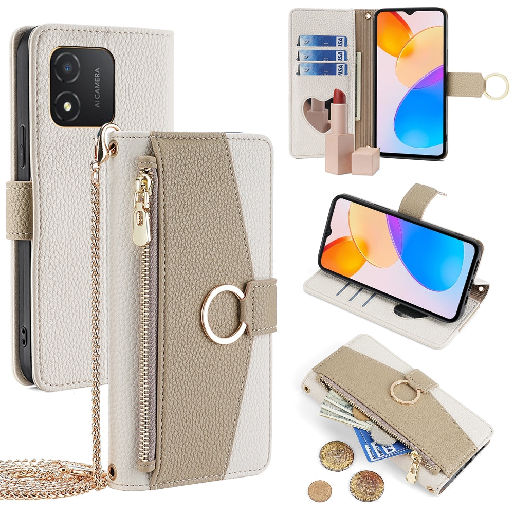 Honor X5 4G Crossbody Phone Case with Litchi Texture Leather, Adjustable Kickstand, Card Slots, Zipper Purse, Makeup Mirror, and TPU Protection