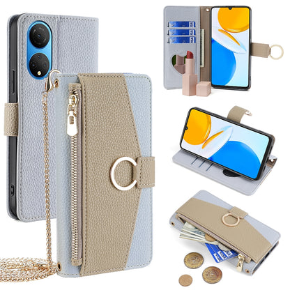 Honor X7 4G Crossbody Phone Case with Litchi Texture Leather, Adjustable Kickstand, Card Slots, Zipper Purse, Makeup Mirror, and TPU Protection