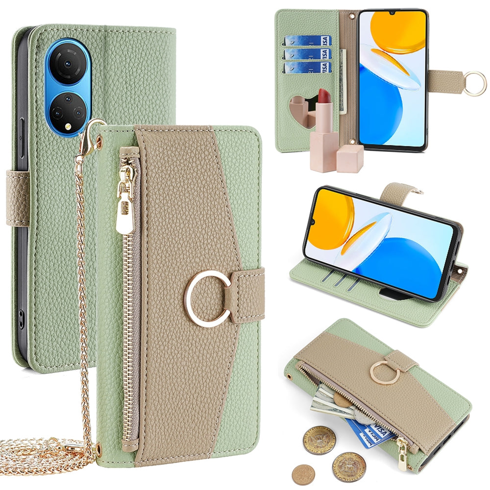 Honor X7 4G Crossbody Phone Case with Litchi Texture Leather, Adjustable Kickstand, Card Slots, Zipper Purse, Makeup Mirror, and TPU Protection