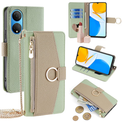 Honor X7 4G Crossbody Phone Case with Litchi Texture Leather, Adjustable Kickstand, Card Slots, Zipper Purse, Makeup Mirror, and TPU Protection