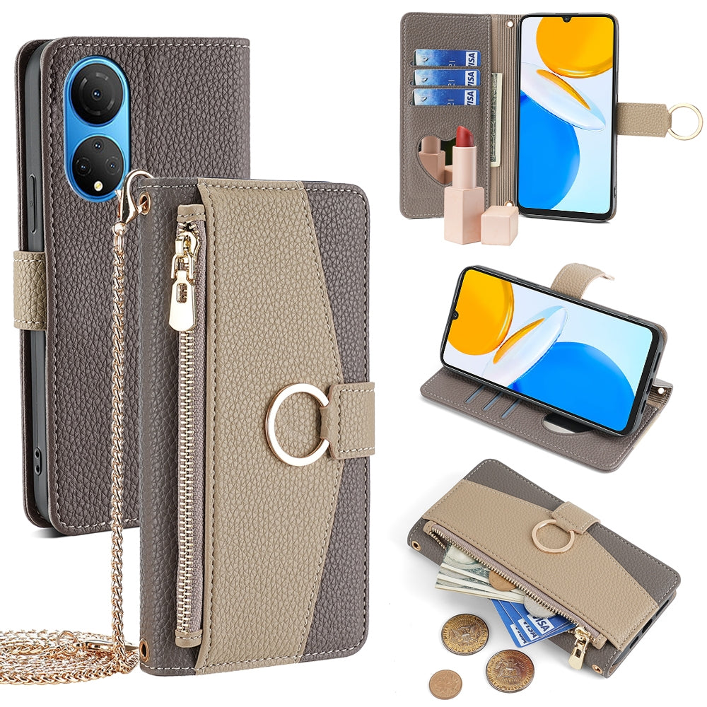 Honor X7 4G Crossbody Phone Case with Litchi Texture Leather, Adjustable Kickstand, Card Slots, Zipper Purse, Makeup Mirror, and TPU Protection