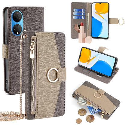 Honor X7 4G Crossbody Phone Case with Litchi Texture Leather, Adjustable Kickstand, Card Slots, Zipper Purse, Makeup Mirror, and TPU Protection