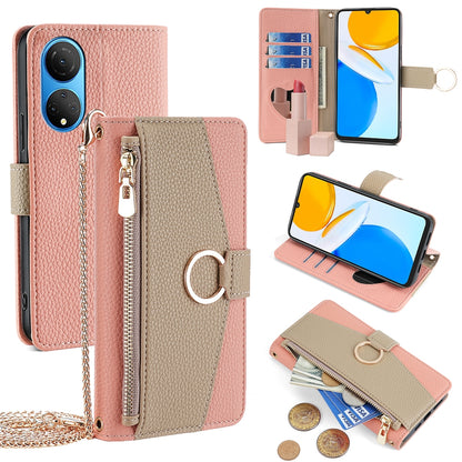 Honor X7 4G Crossbody Phone Case with Litchi Texture Leather, Adjustable Kickstand, Card Slots, Zipper Purse, Makeup Mirror, and TPU Protection