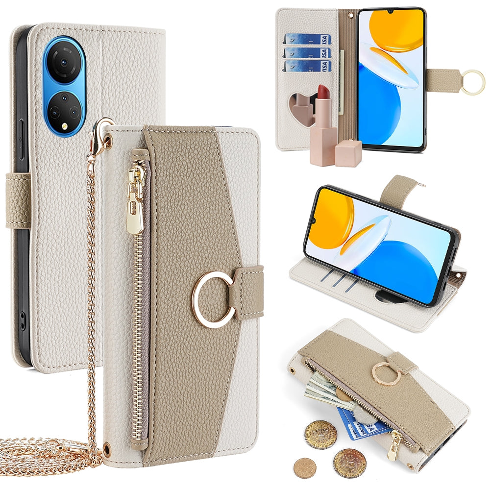 Honor X7 4G Crossbody Phone Case with Litchi Texture Leather, Adjustable Kickstand, Card Slots, Zipper Purse, Makeup Mirror, and TPU Protection