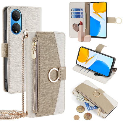 Honor X7 4G Crossbody Phone Case with Litchi Texture Leather, Adjustable Kickstand, Card Slots, Zipper Purse, Makeup Mirror, and TPU Protection