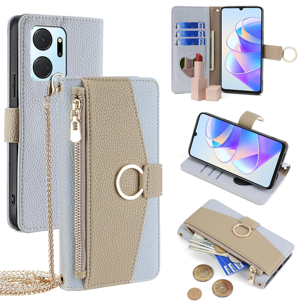 Honor X7a Crossbody Phone Case with Litchi Texture Leather, Adjustable Kickstand, Card Slots, Zipper Purse, Makeup Mirror, and TPU Protection