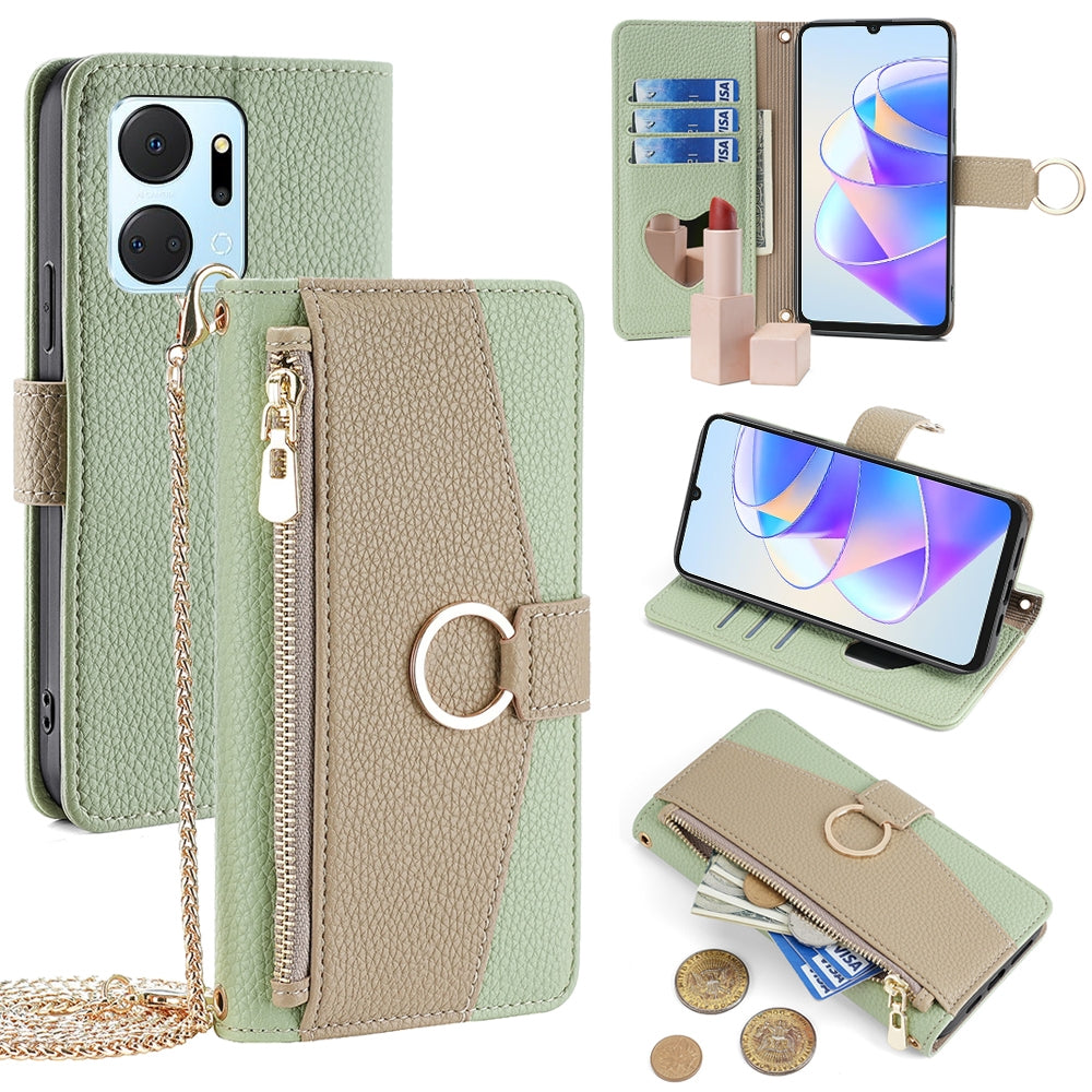 Honor X7a Crossbody Phone Case with Litchi Texture Leather, Adjustable Kickstand, Card Slots, Zipper Purse, Makeup Mirror, and TPU Protection