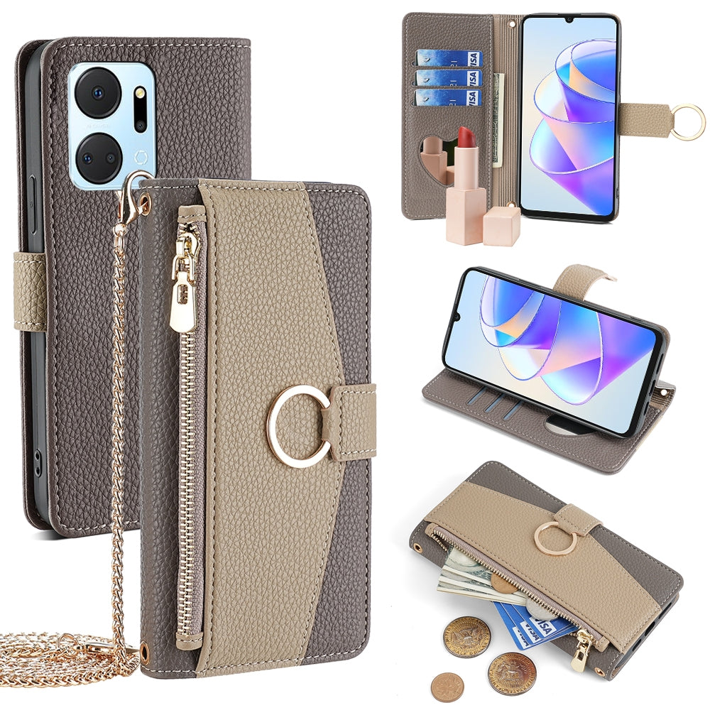 Honor X7a Crossbody Phone Case with Litchi Texture Leather, Adjustable Kickstand, Card Slots, Zipper Purse, Makeup Mirror, and TPU Protection