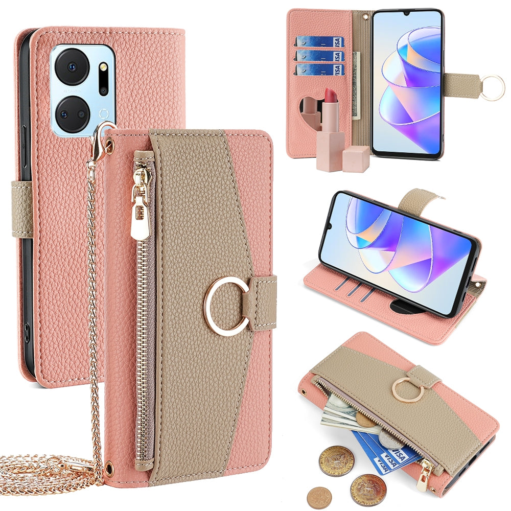 Honor X7a Crossbody Phone Case with Litchi Texture Leather, Adjustable Kickstand, Card Slots, Zipper Purse, Makeup Mirror, and TPU Protection