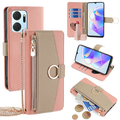 Honor X7a Crossbody Phone Case with Litchi Texture Leather, Adjustable Kickstand, Card Slots, Zipper Purse, Makeup Mirror, and TPU Protection