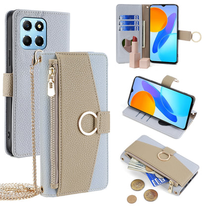 Honor X6 Crossbody Phone Case with Litchi Texture Leather, Adjustable Kickstand, Card Slots, Zipper Purse, Makeup Mirror, and TPU Protection