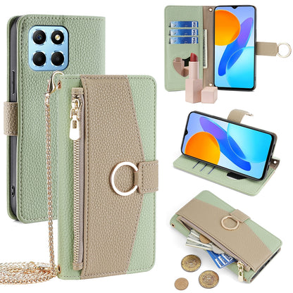 Honor X8 5G Crossbody Phone Case with Litchi Texture Leather, Adjustable Kickstand, Card Slots, Zipper Purse, Makeup Mirror, and TPU Protection