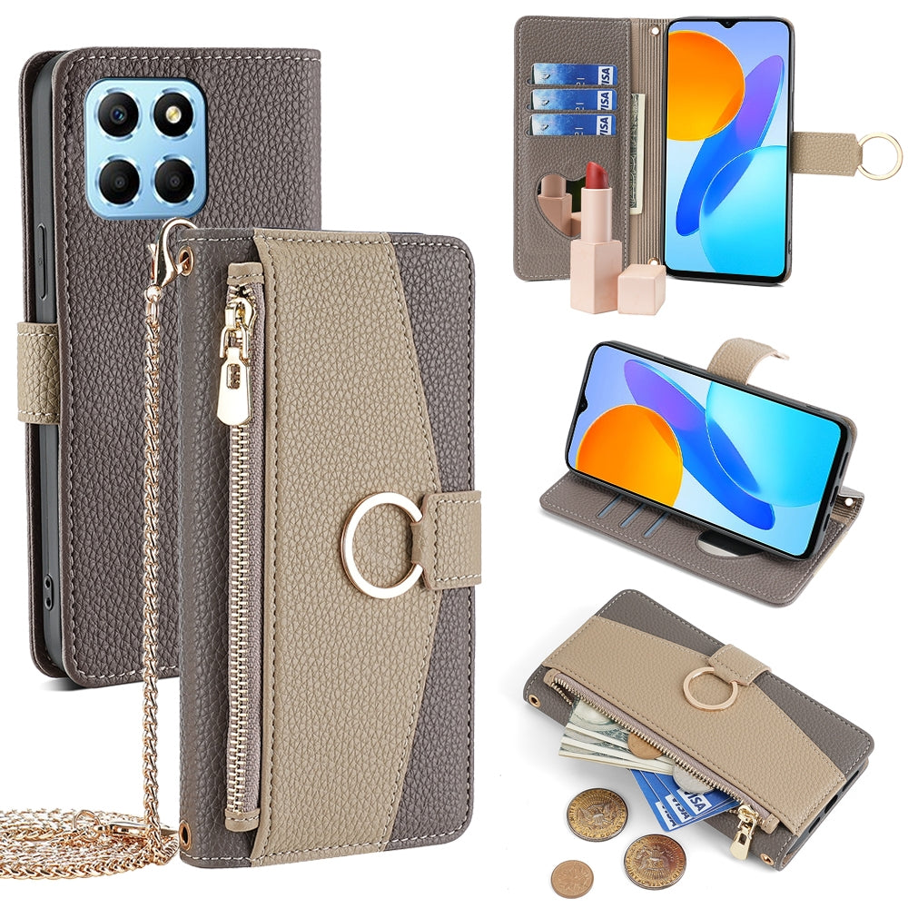 Honor X6 Crossbody Phone Case with Litchi Texture Leather, Adjustable Kickstand, Card Slots, Zipper Purse, Makeup Mirror, and TPU Protection
