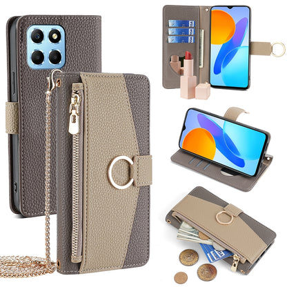 Honor X6 Crossbody Phone Case with Litchi Texture Leather, Adjustable Kickstand, Card Slots, Zipper Purse, Makeup Mirror, and TPU Protection